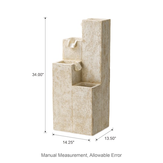 Glitzhome® 34" 4-Tier Faux Terrazzo Geometric Square Column Outdoor Fountain with LED Light